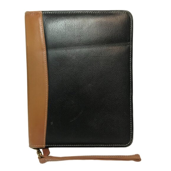 Vintage Franklin Quest 7 Ring Cowhide Leather Zip Binder Planner Cover Black USA - Picture 1 of 13